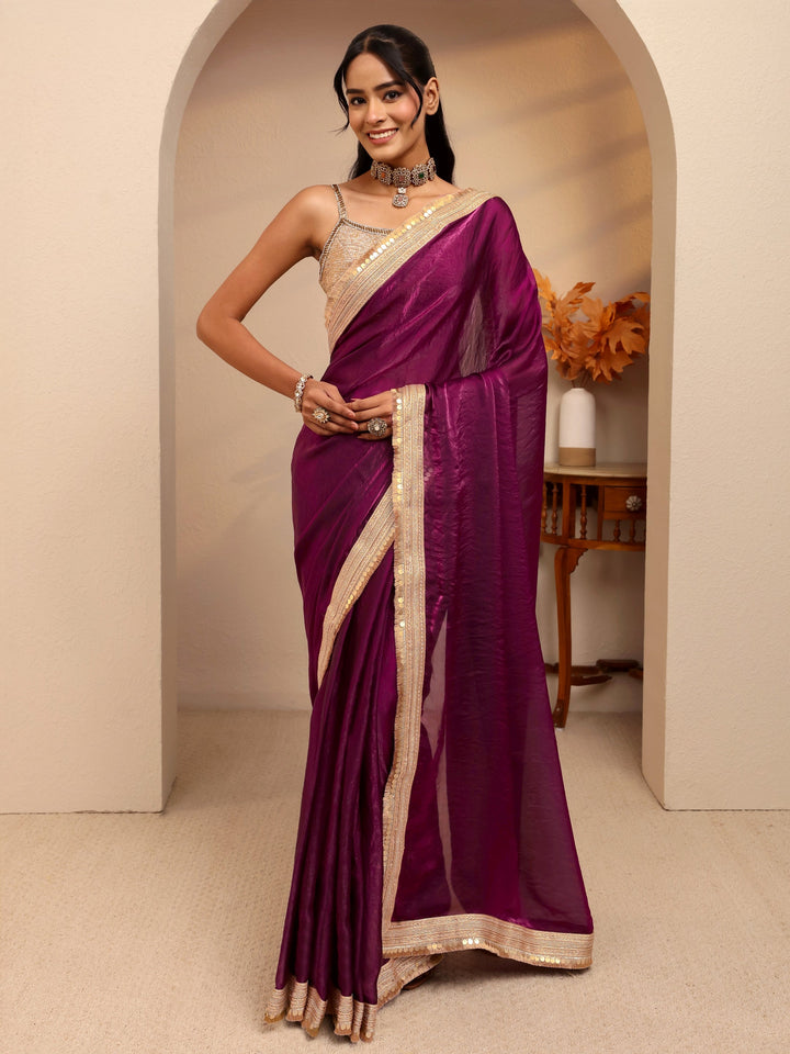 Libas Burgundy Solid Tissue Saree