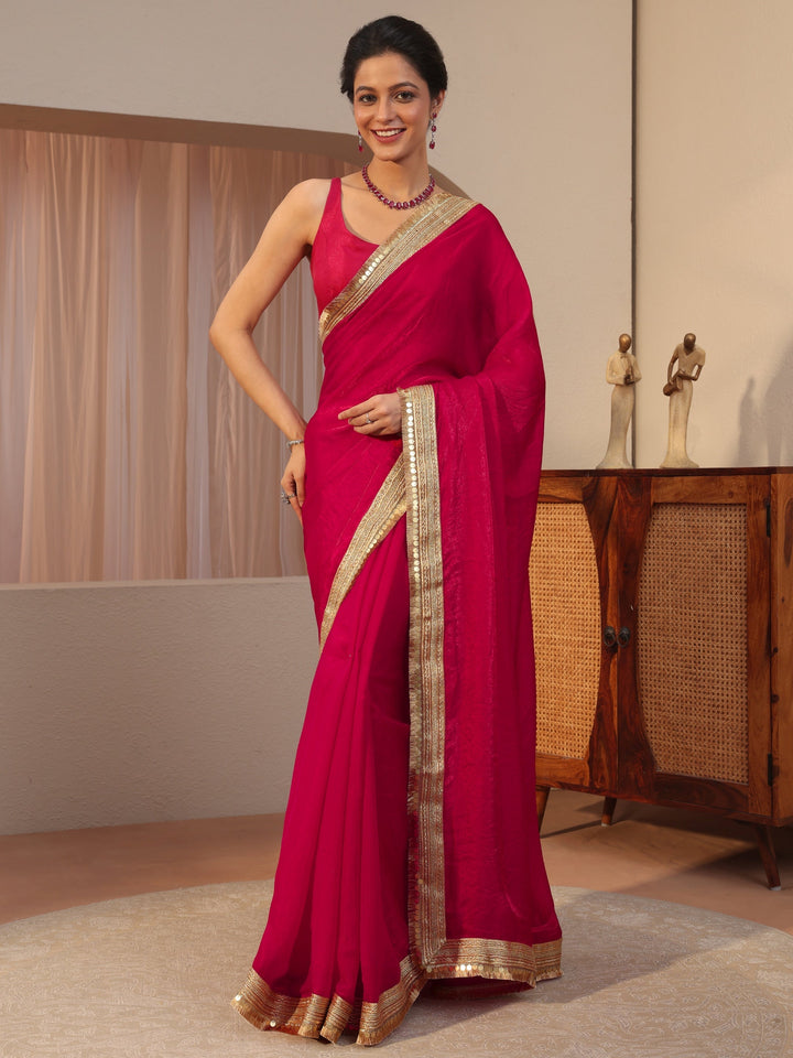 Ruby Pink Tissue Saree With Embellished Border