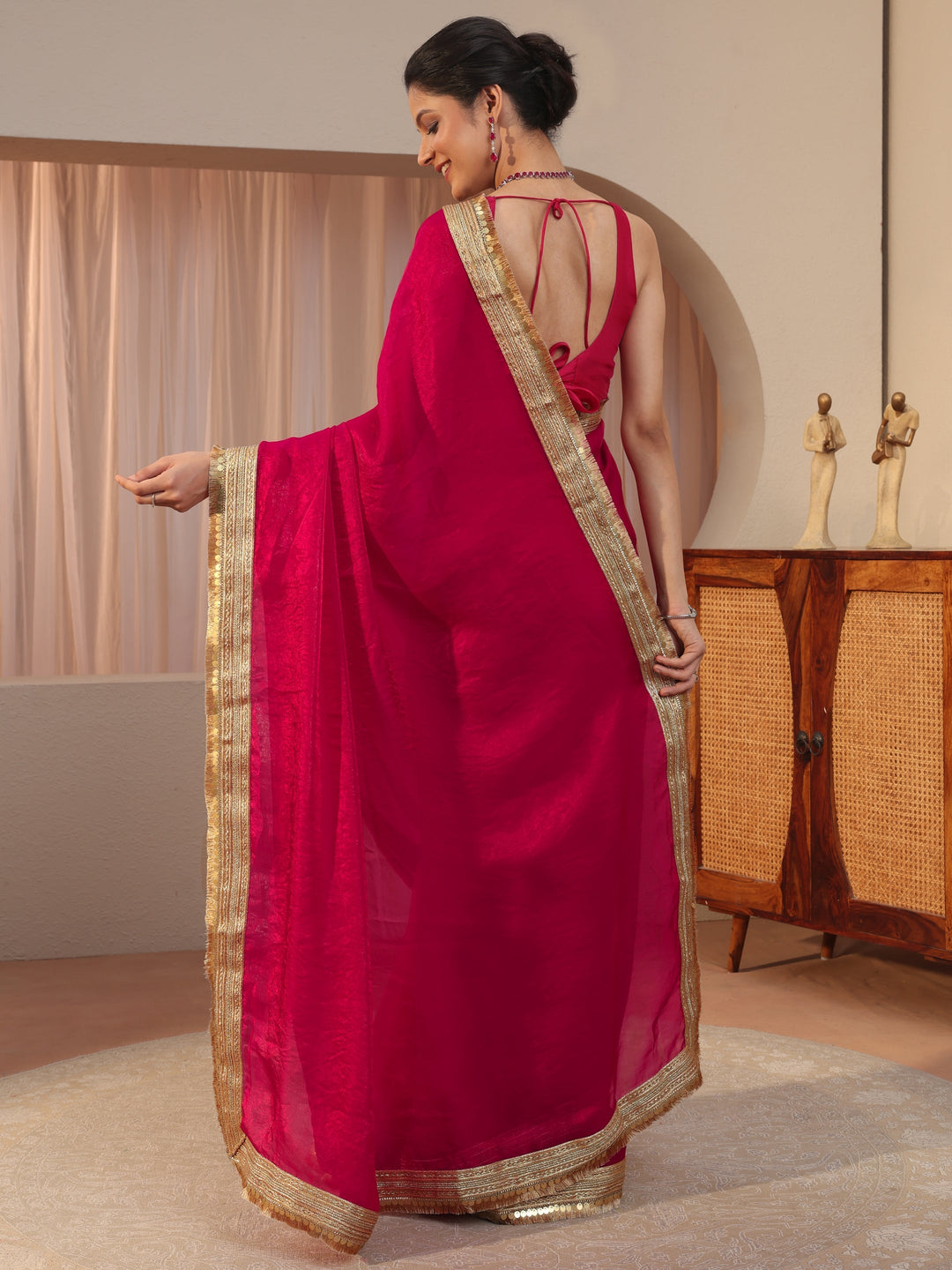 Ruby Pink Tissue Saree With Embellished Border