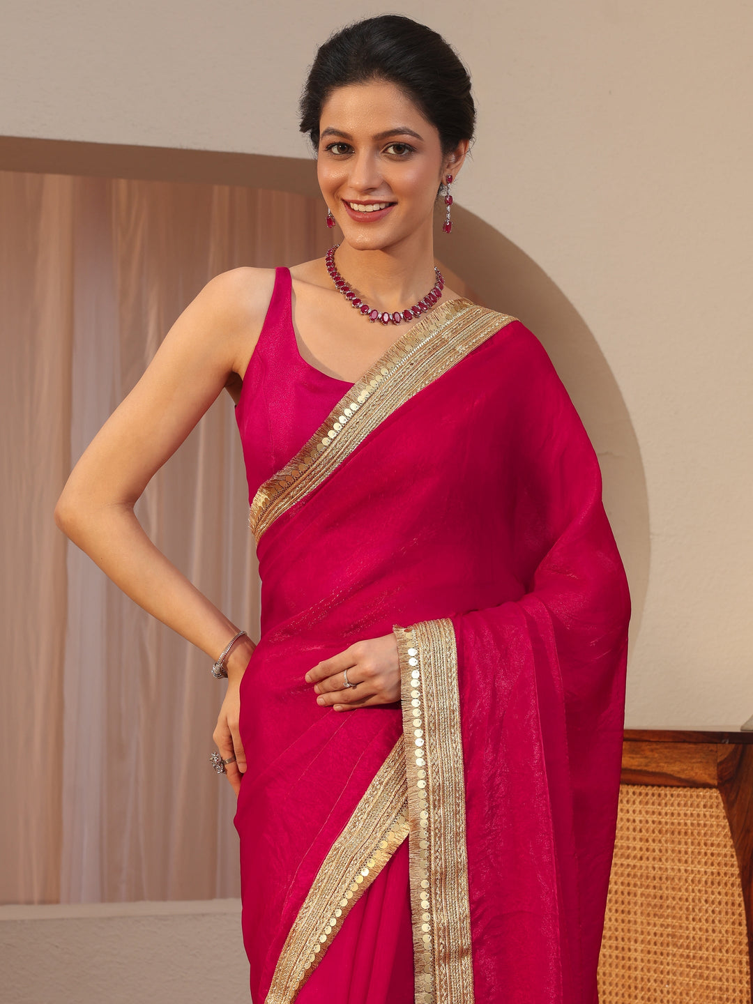 Ruby Pink Tissue Saree With Embellished Border