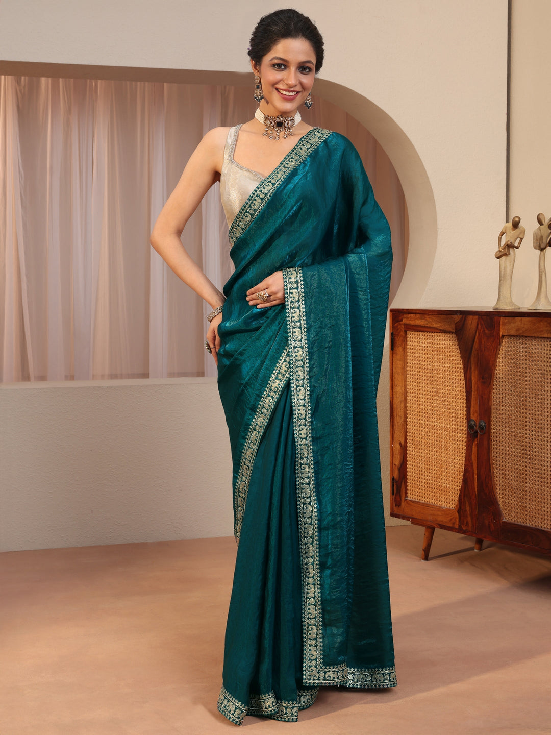Pacific Blue Tissue Saree With Embellished Border