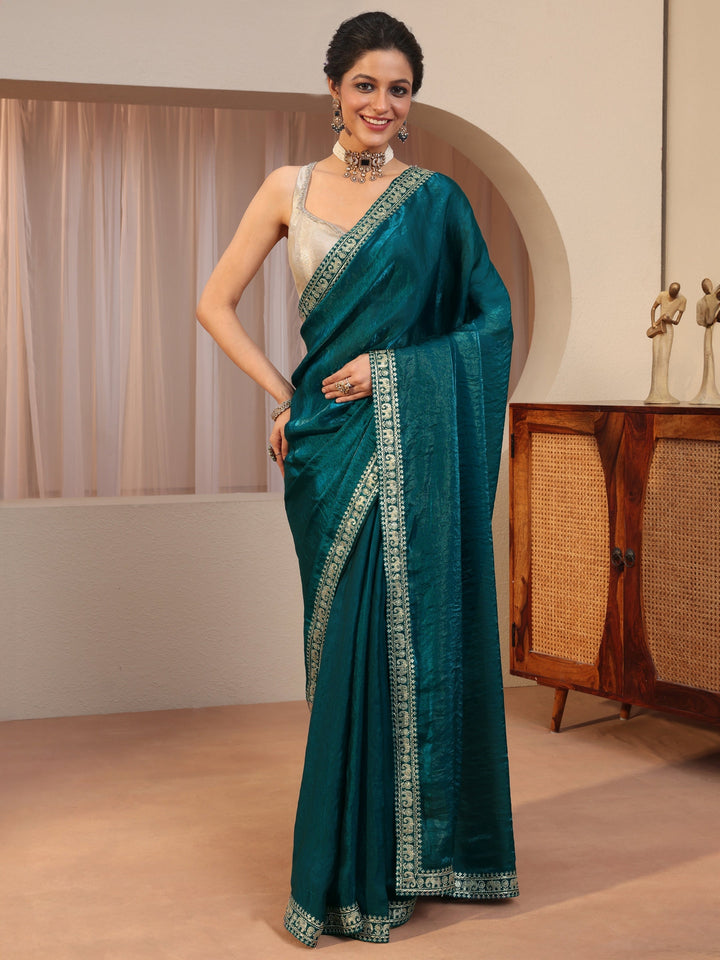 Pacific Blue Tissue Saree With Embellished Border
