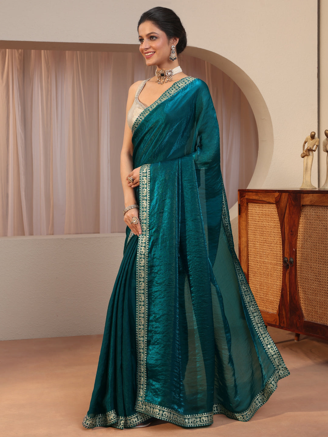 Pacific Blue Tissue Saree With Embellished Border