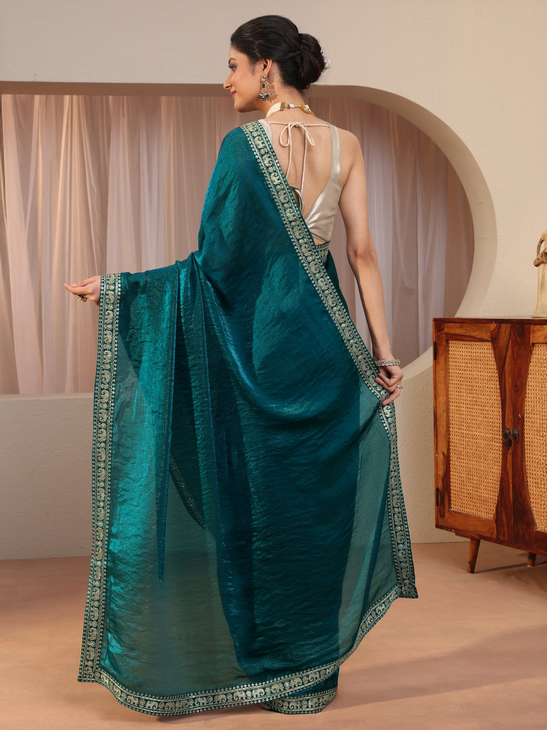 Pacific Blue Tissue Saree With Embellished Border