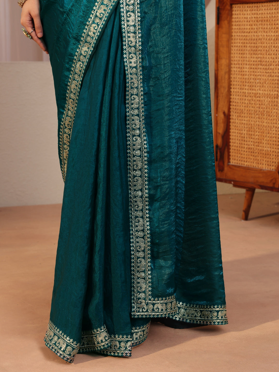 Pacific Blue Tissue Saree With Embellished Border