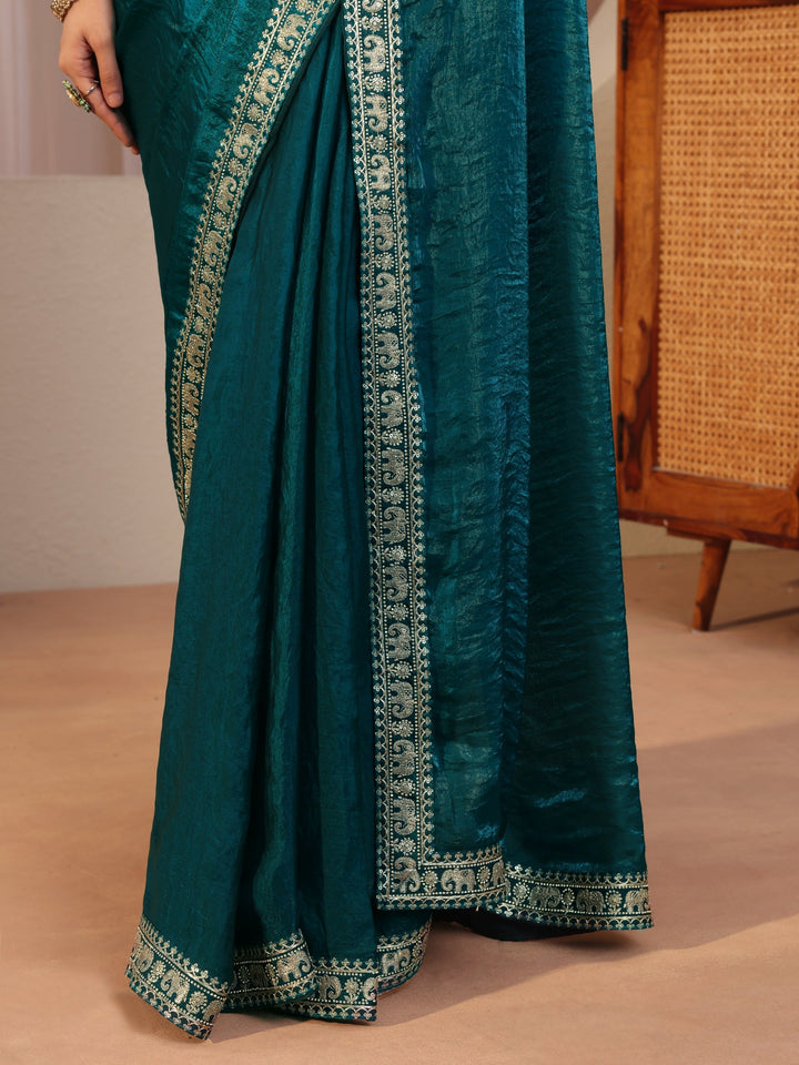 Pacific Blue Tissue Saree With Embellished Border