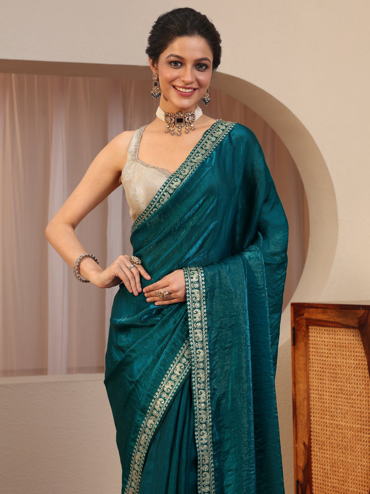 Pacific Blue Tissue Saree With Embellished Border
