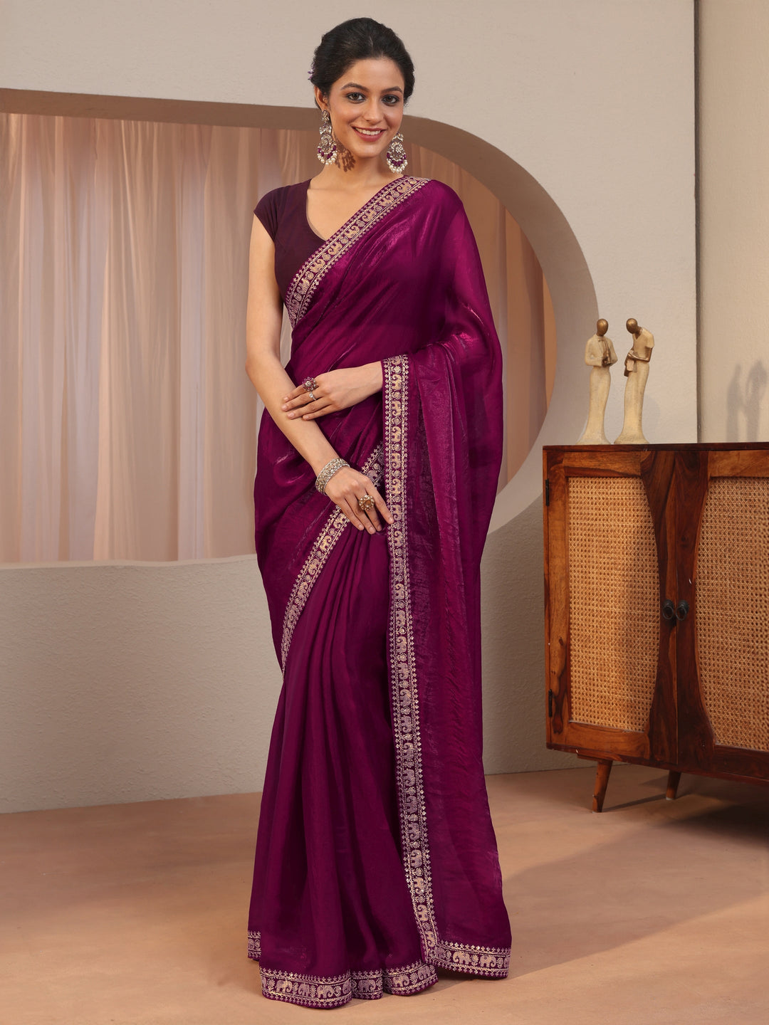 Burgundy Tissue Saree With Embellished Border