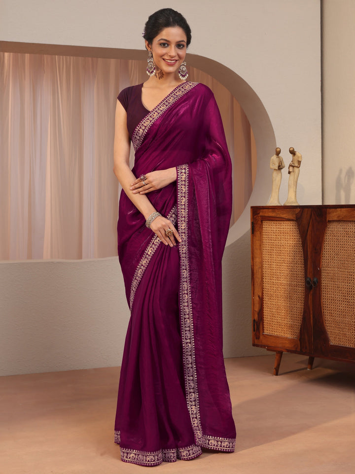 Burgundy Tissue Saree With Embellished Border