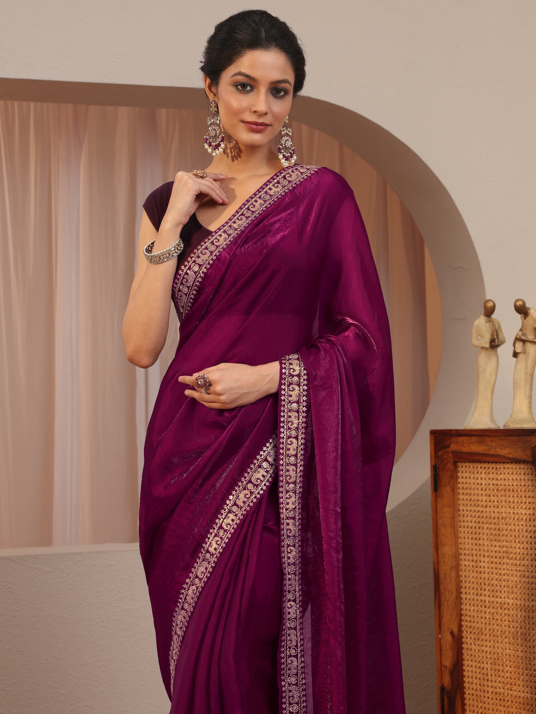 Burgundy Tissue Saree With Embellished Border