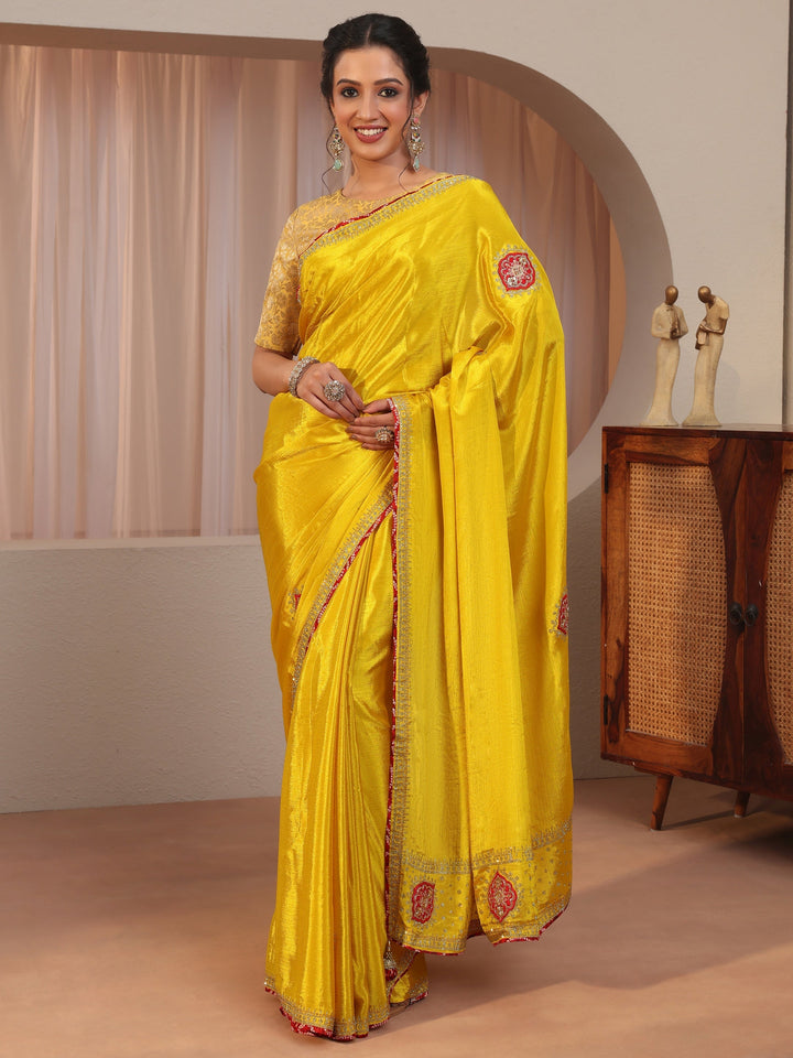Mustard Applique Embellished Chiffon Saree