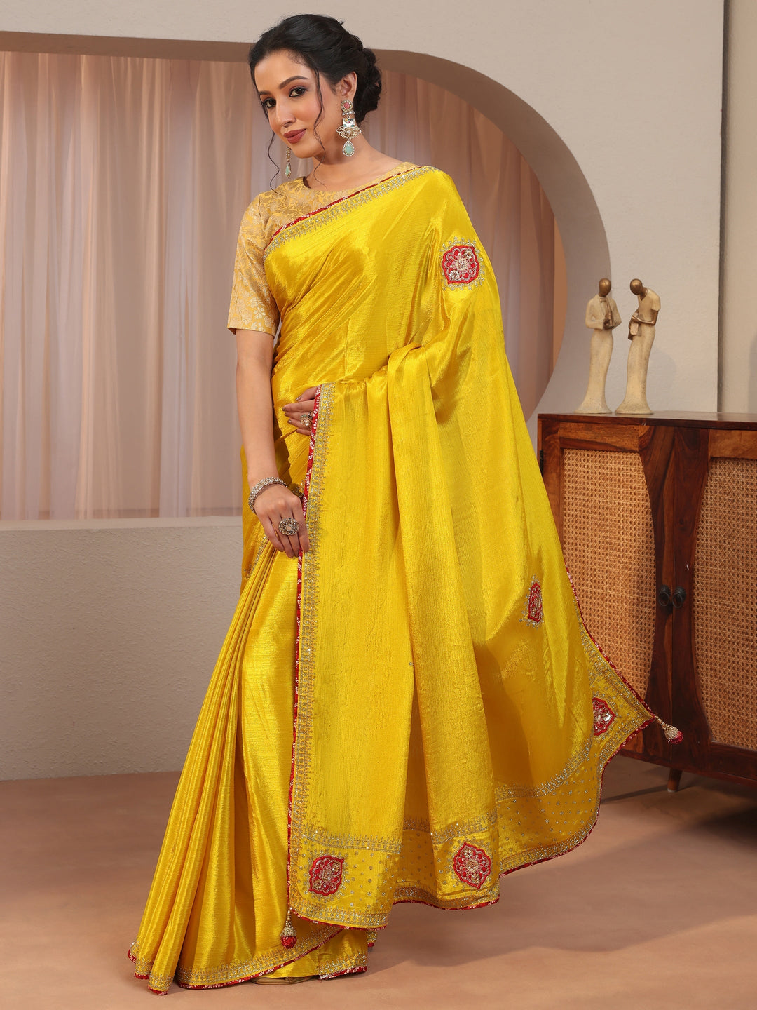 Mustard Applique Embellished Chiffon Saree