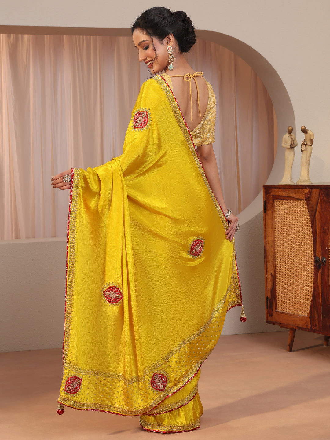 Mustard Applique Embellished Chiffon Saree