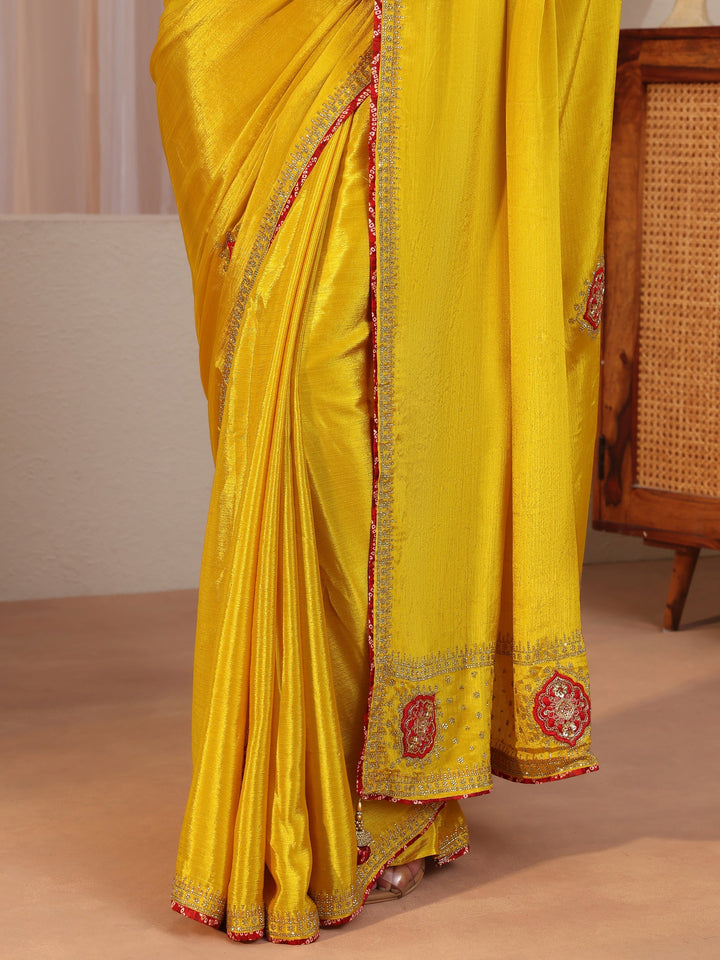Mustard Applique Embellished Chiffon Saree