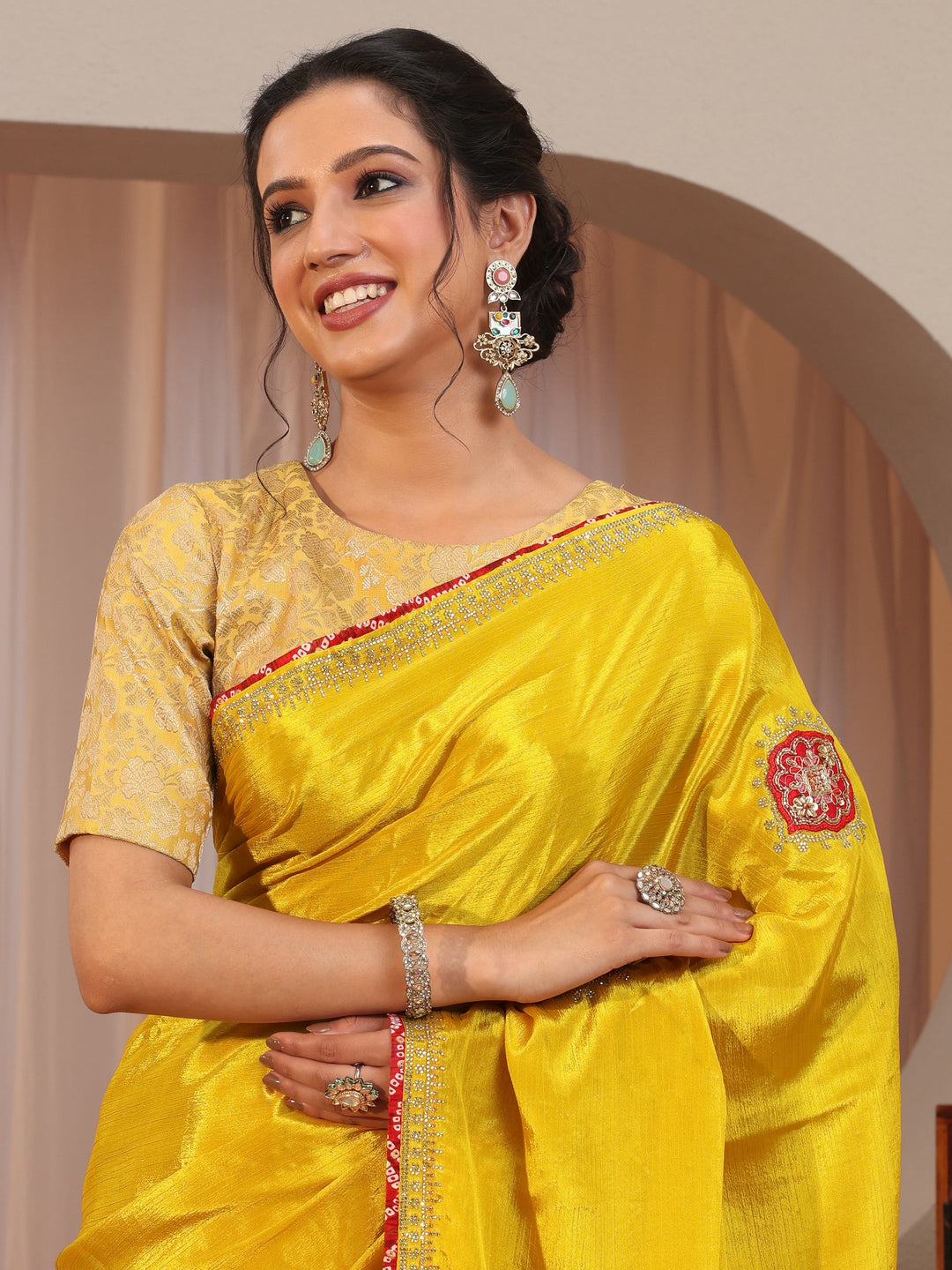 Mustard Applique Embellished Chiffon Saree