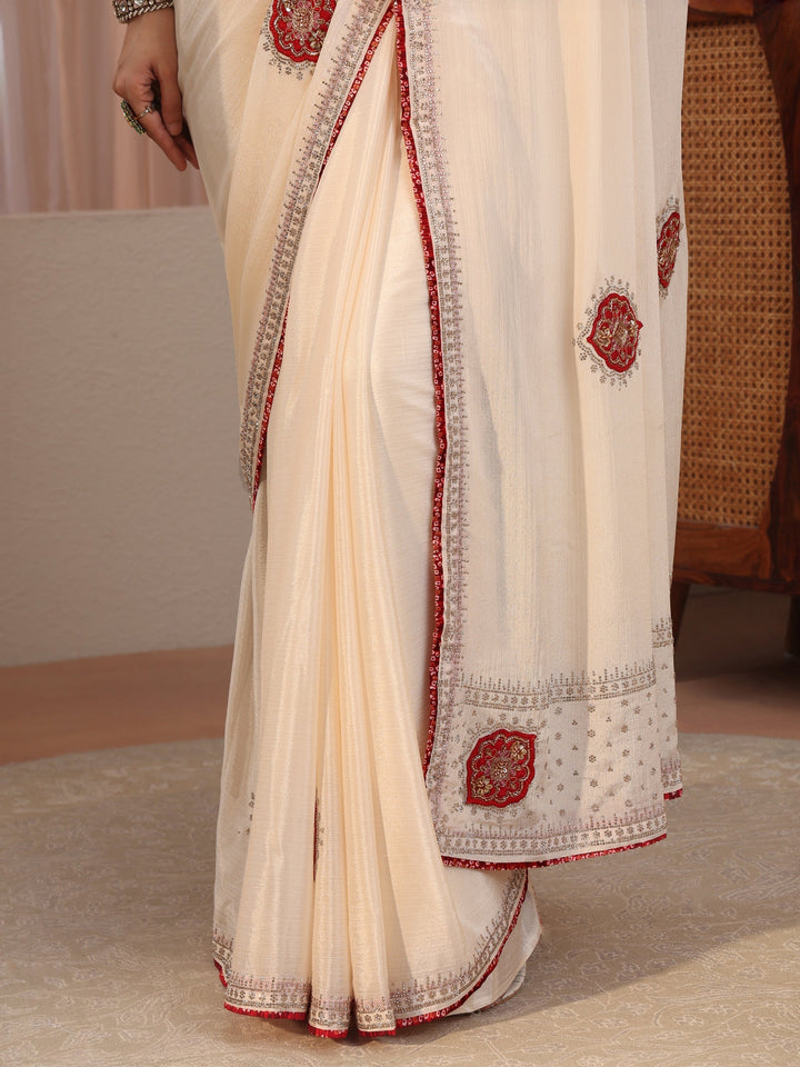 Cream Applique Embellished Chiffon Saree