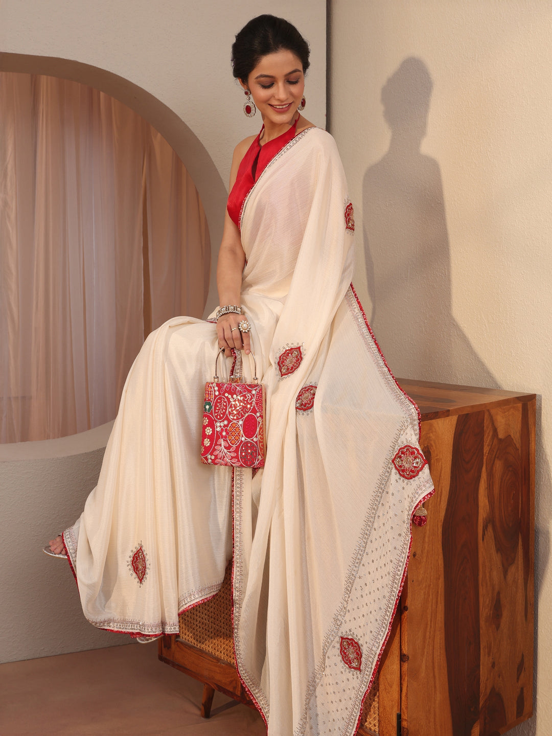 Cream Applique Embellished Chiffon Saree