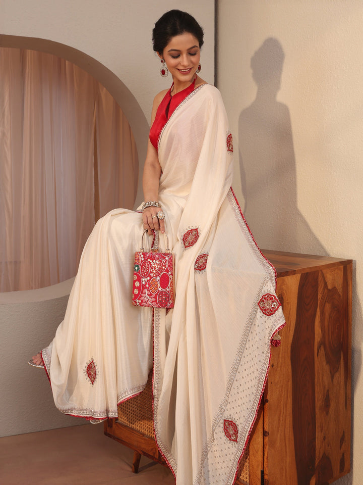 Cream Applique Embellished Chiffon Saree