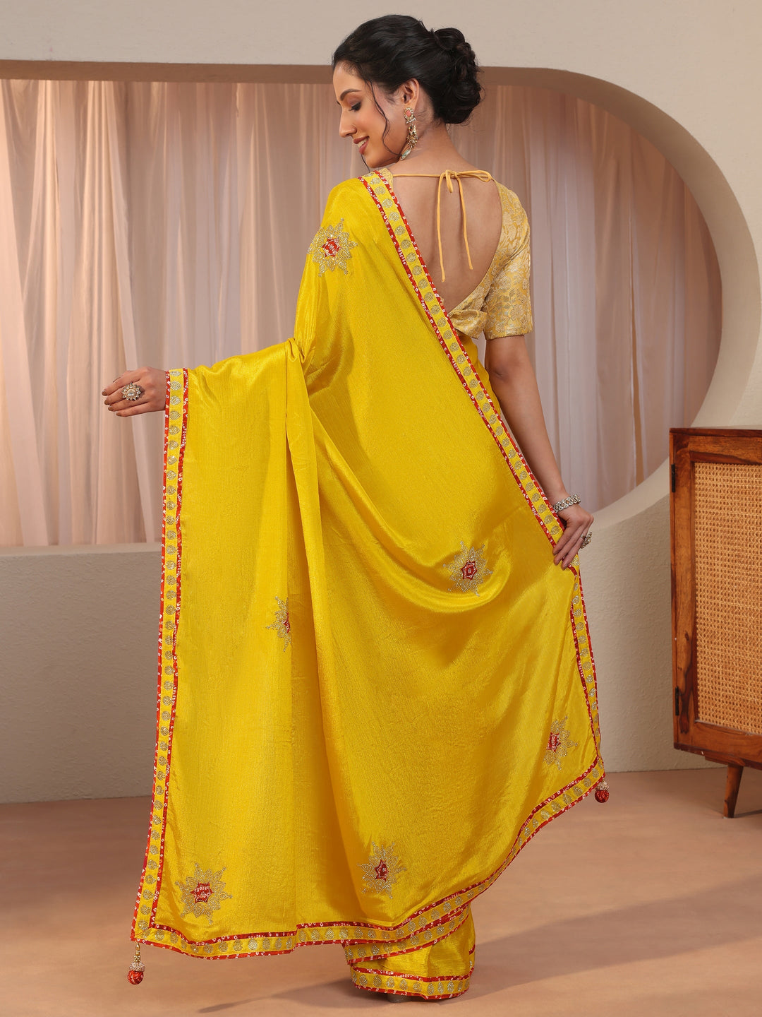 Mustard Chiffon Saree With Embellished Applique