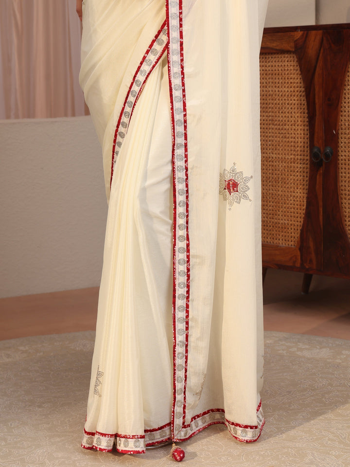Cream Chiffon Saree With Embellished Applique