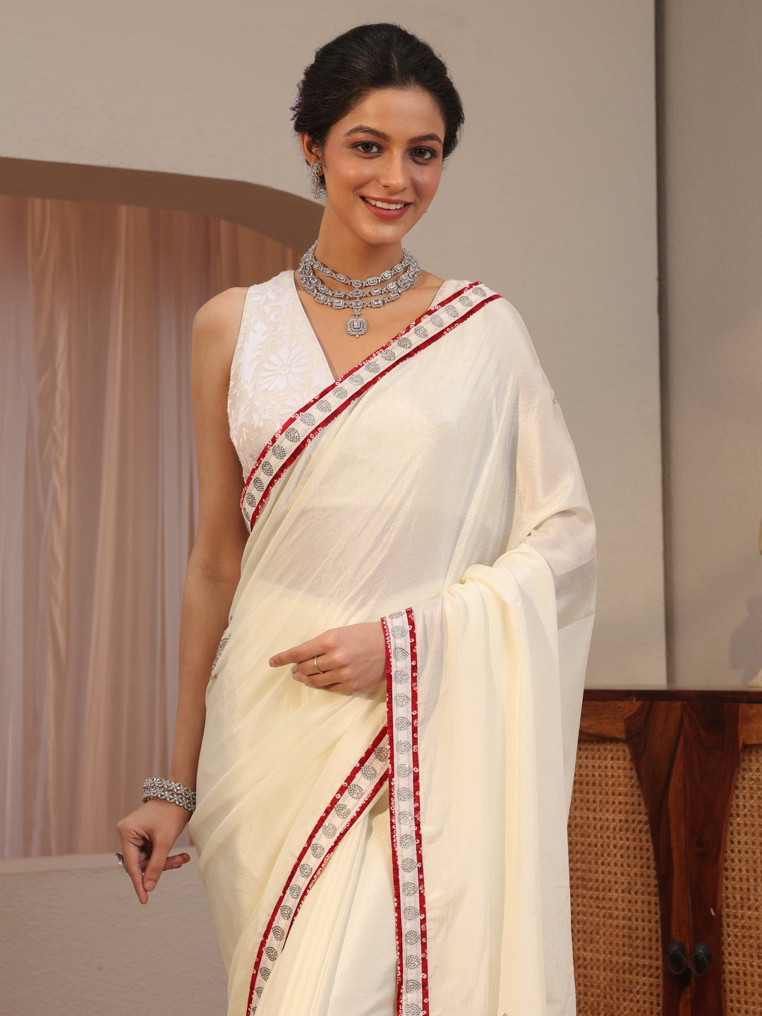 Cream Chiffon Saree With Embellished Applique