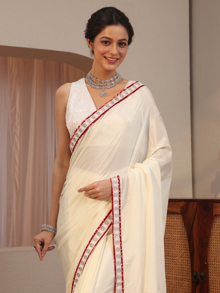 Cream Chiffon Saree With Embellished Applique