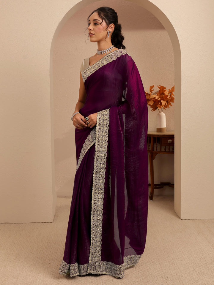 Libas Burgundy Solid Tissue Saree