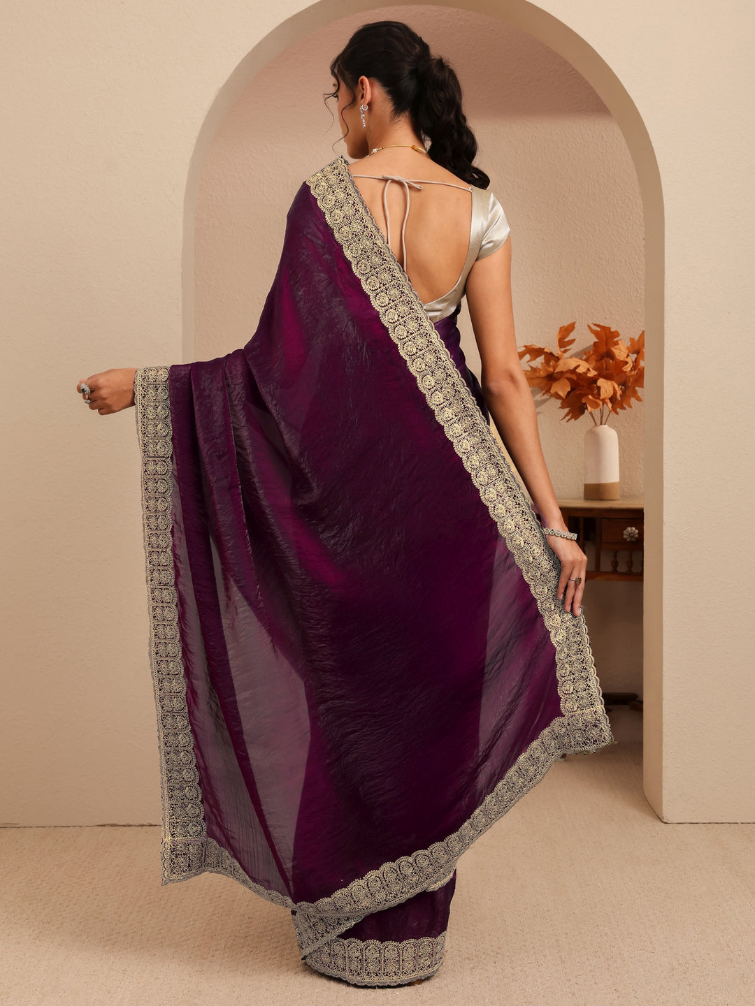 Libas Burgundy Solid Tissue Saree