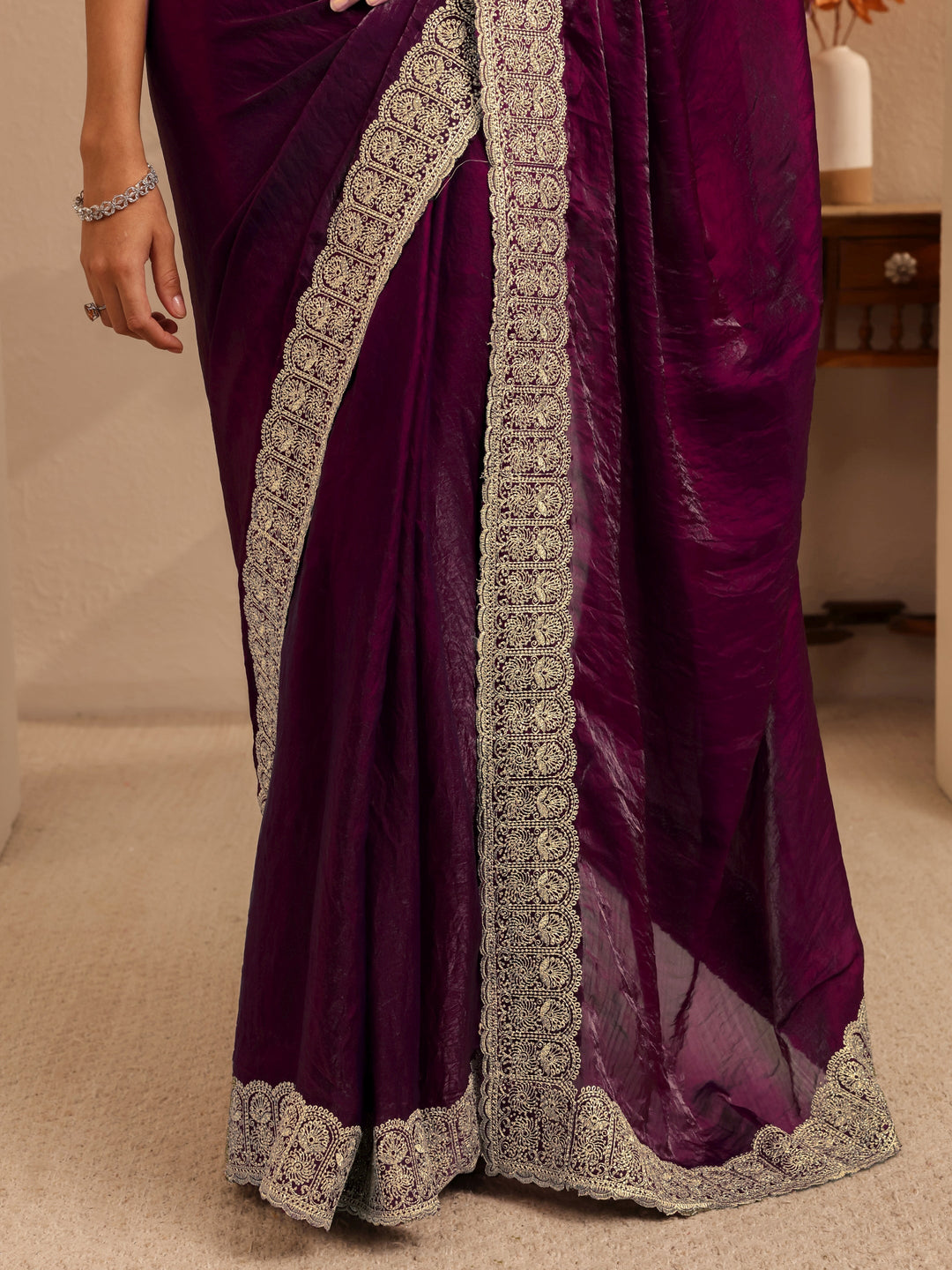 Libas Burgundy Solid Tissue Saree