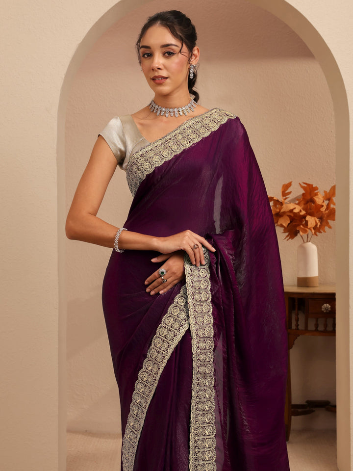 Libas Burgundy Solid Tissue Saree