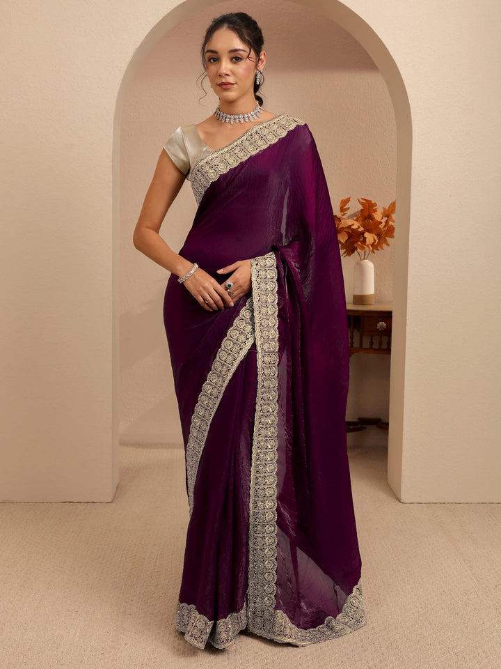 Libas Burgundy Solid Tissue Saree