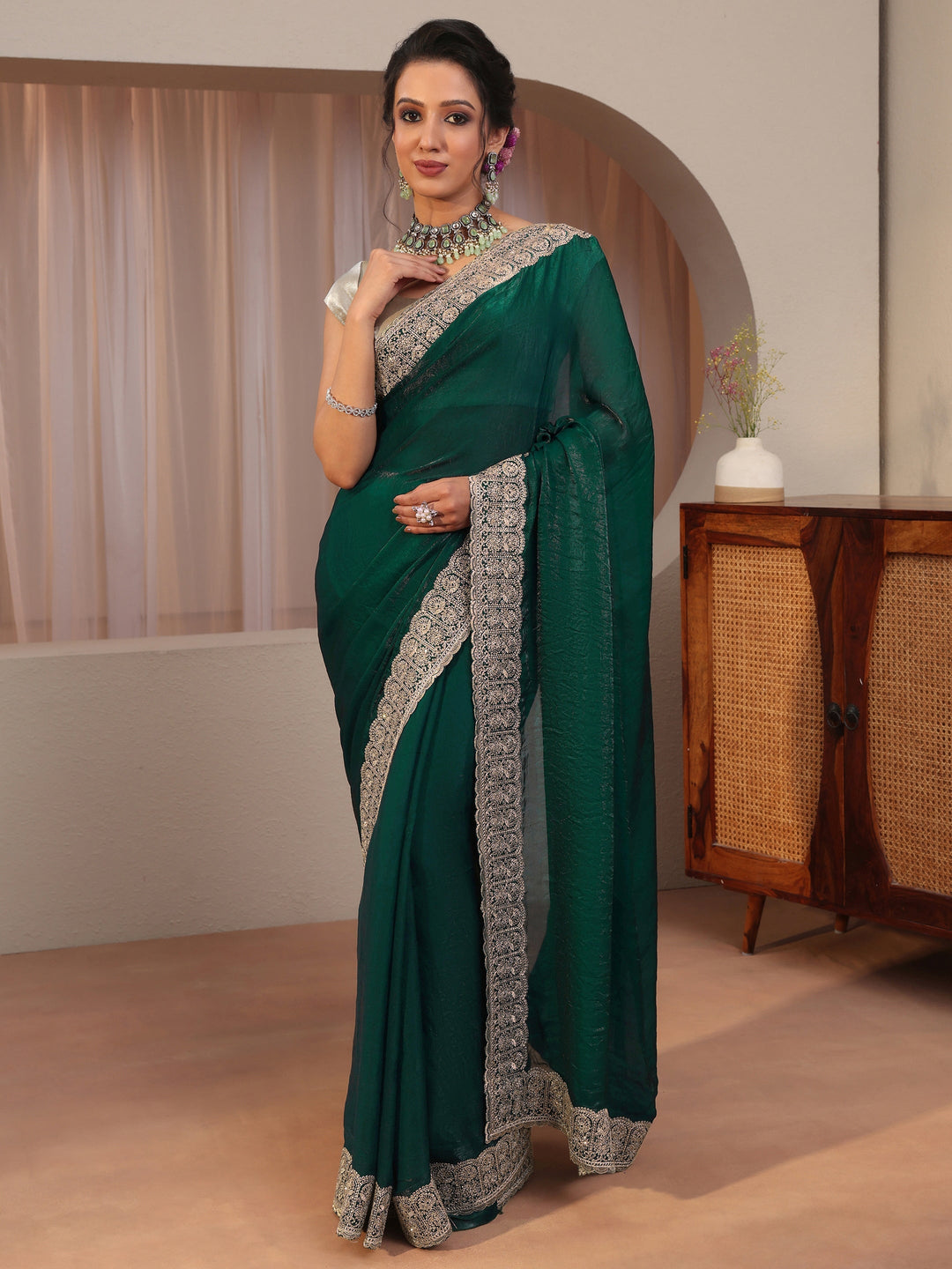 Green Tissue Saree With Embellished Border