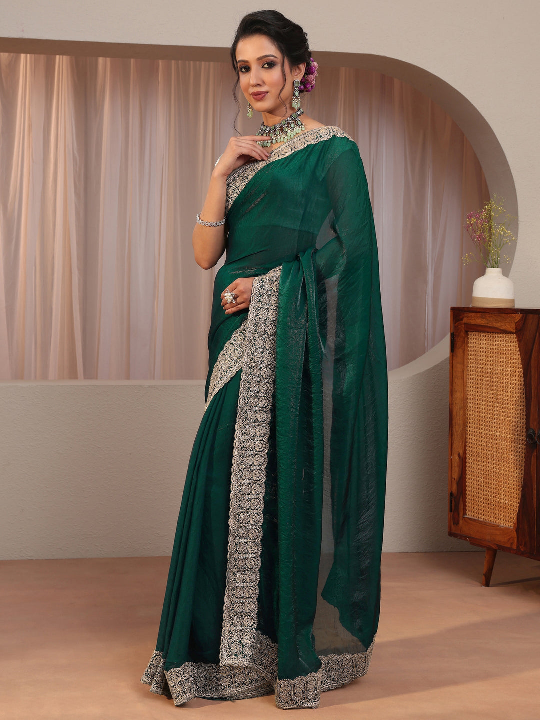 Green Tissue Saree With Embellished Border