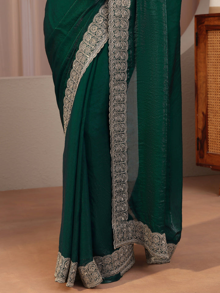 Green Tissue Saree With Embellished Border