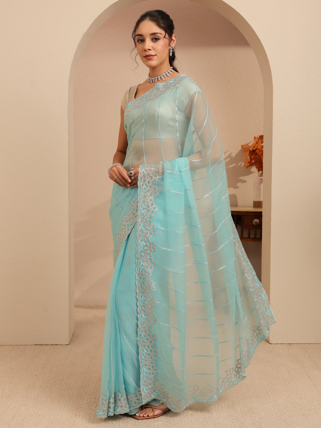 Libas Sky Blue Embroidered Organza Saree
