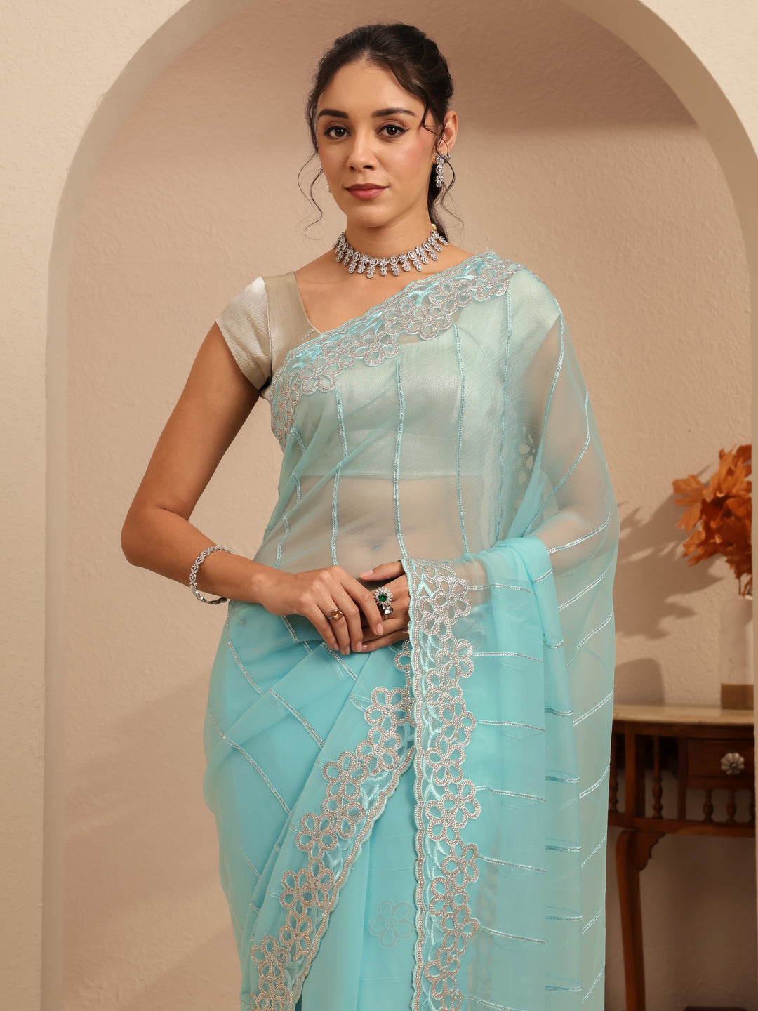 Libas Sky Blue Embroidered Organza Saree