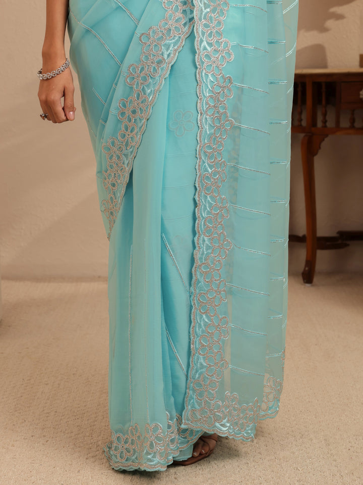 Libas Sky Blue Embroidered Organza Saree