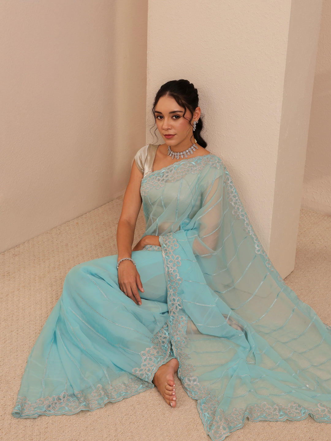 Sky Blue Embroidered Organza Saree