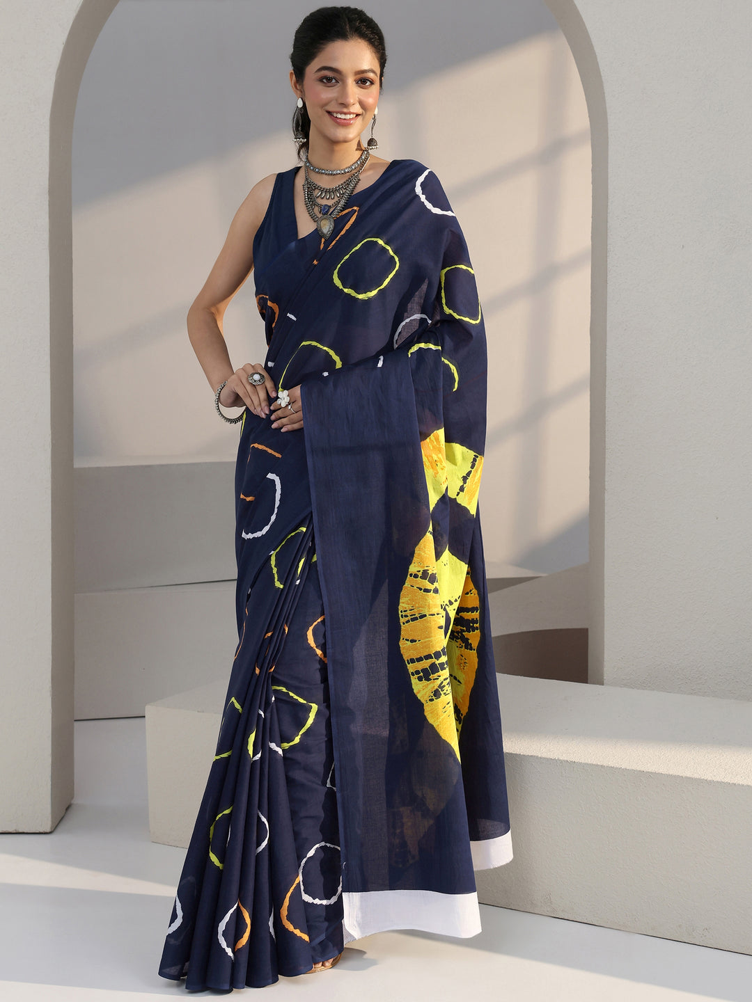 Blue Geometric Printed Cotton Saree