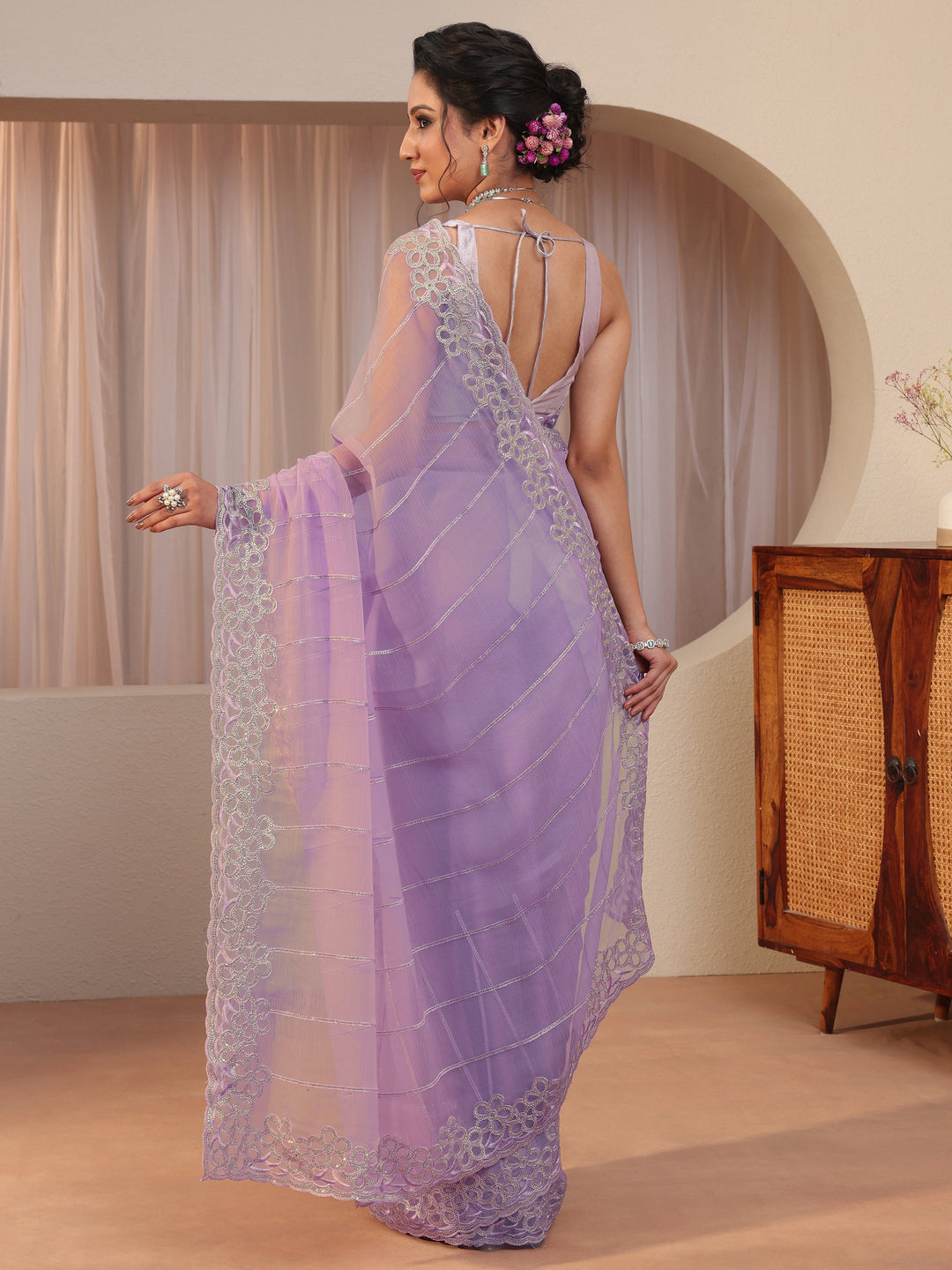 Lavender Floral Embellished Organza Saree