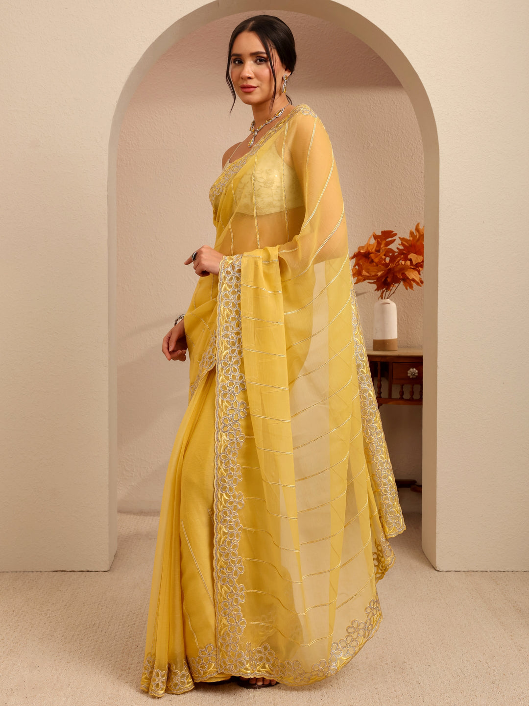 Libas Yellow Embroidered Organza Saree