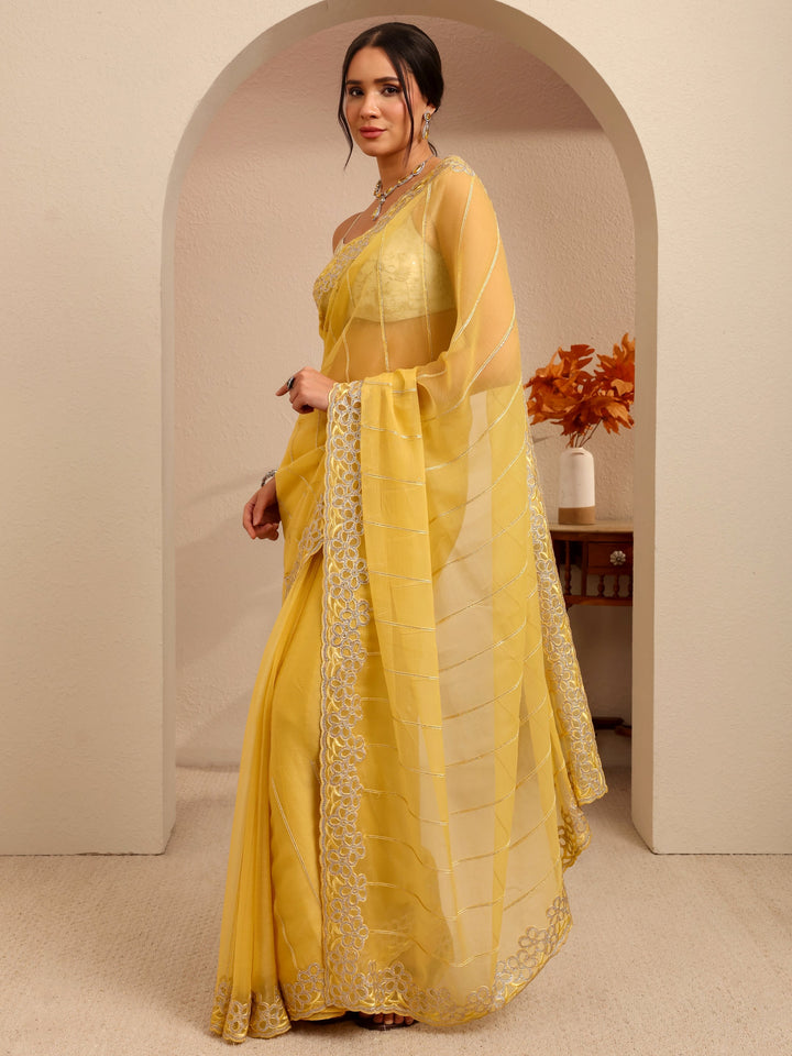 Libas Yellow Embroidered Organza Saree