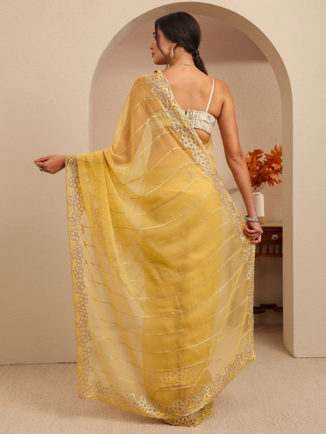 Libas Yellow Embroidered Organza Saree