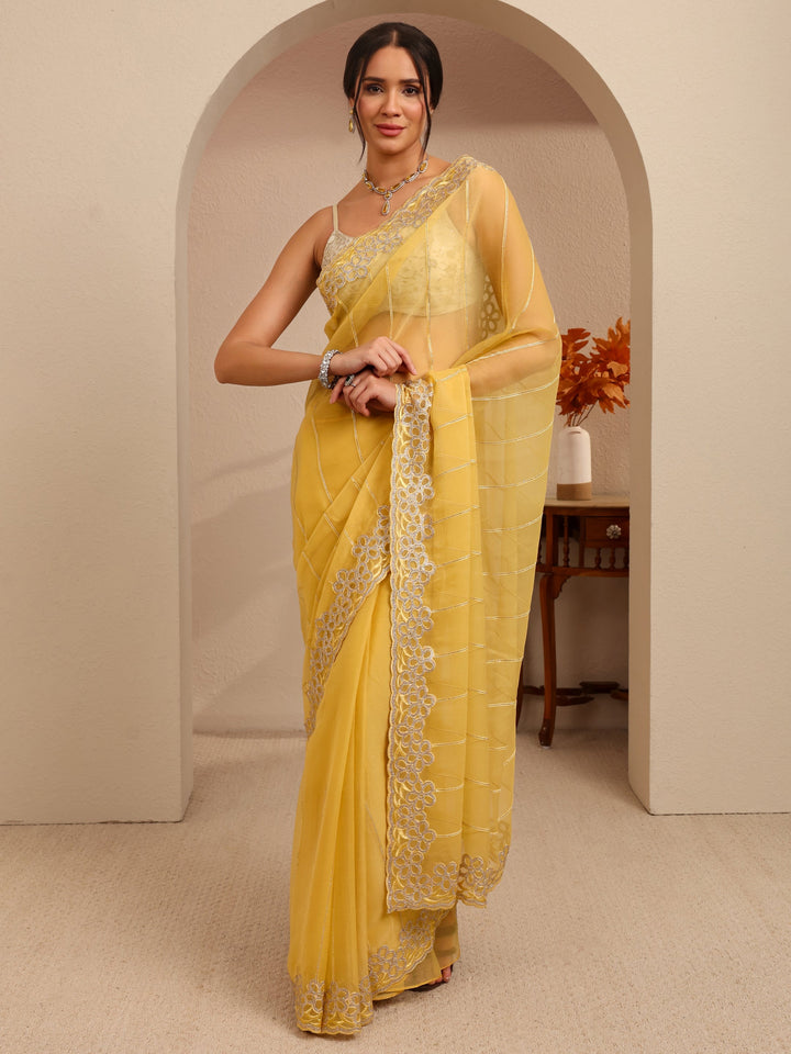 Libas Yellow Embroidered Organza Saree