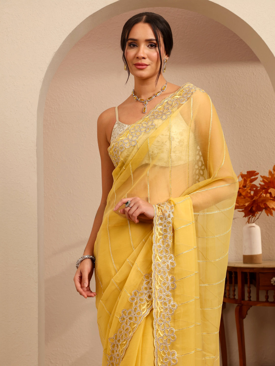 Libas Yellow Embroidered Organza Saree