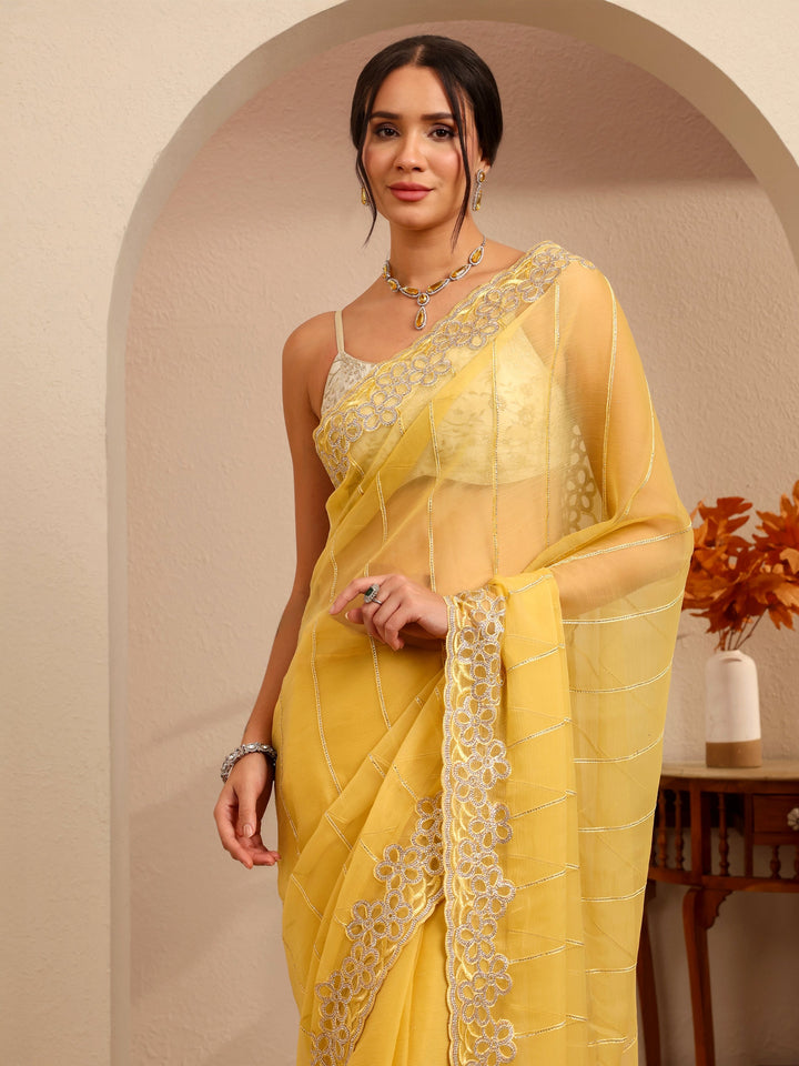 Libas Yellow Embroidered Organza Saree