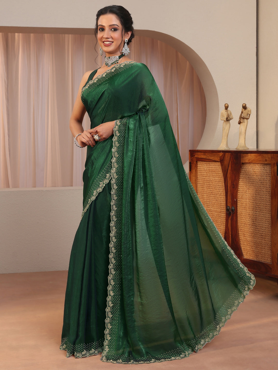 Forest Green Embellished Border Tissue Saree