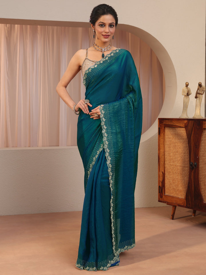 Pacific Blue Embellished Border Tissue Saree