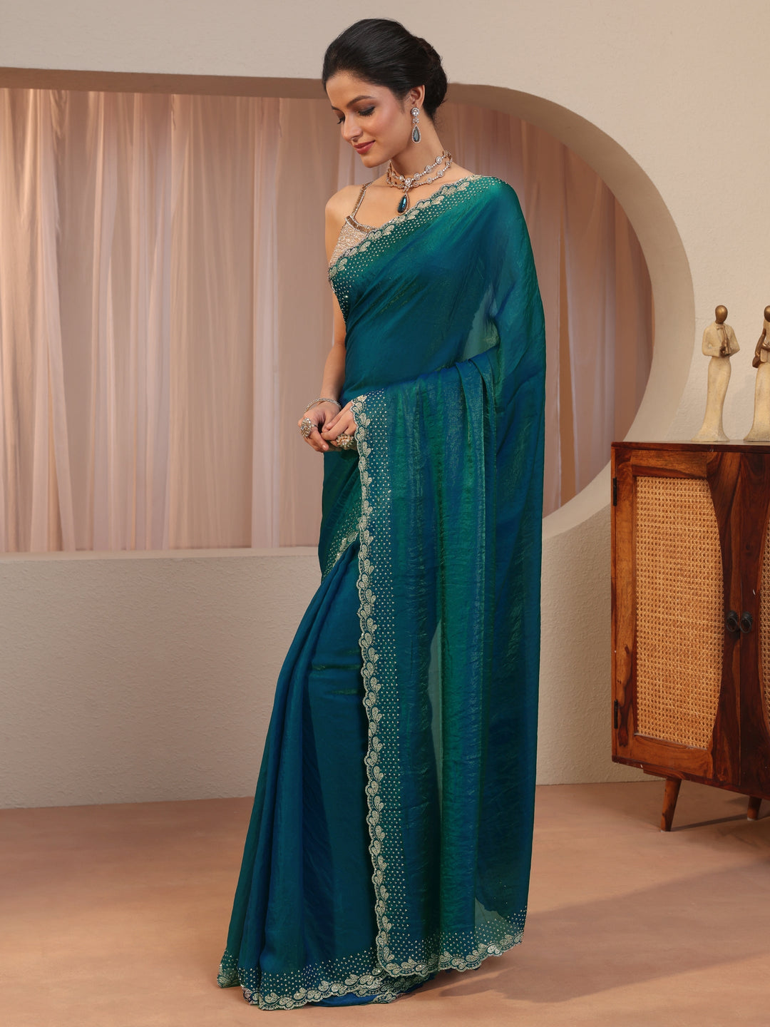Pacific Blue Embellished Border Tissue Saree