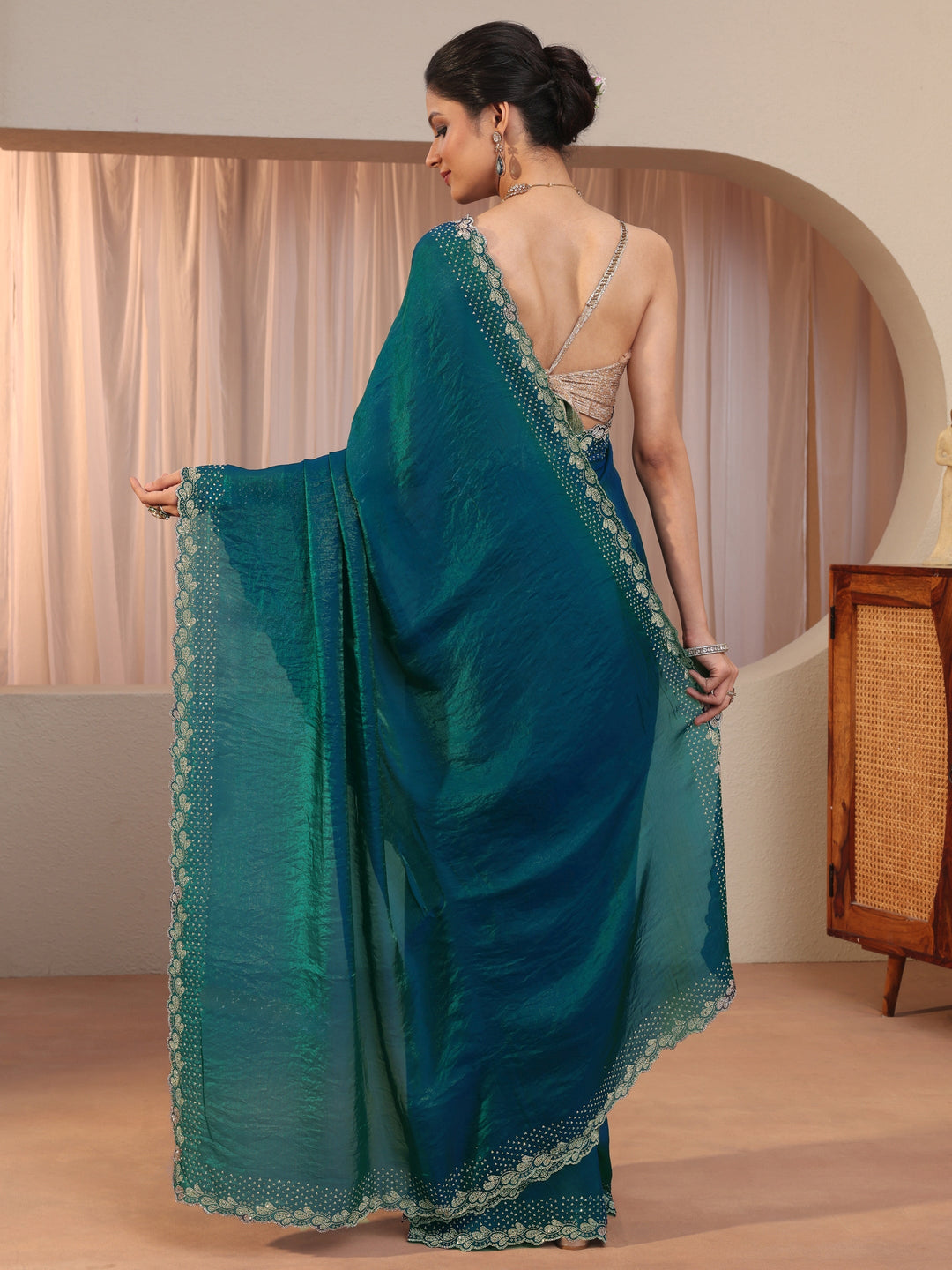 Pacific Blue Embellished Border Tissue Saree